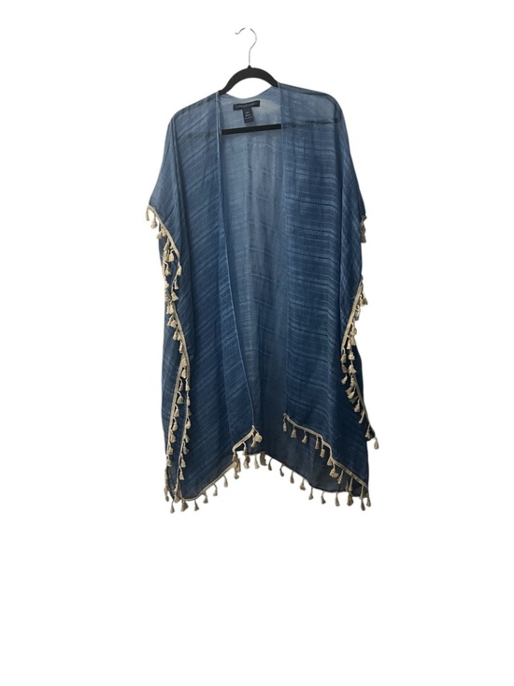 Adrienne Vittadini Semi-Sheer Ribbed Gauze Blue w/ Cream Tassels Swim Cover-up